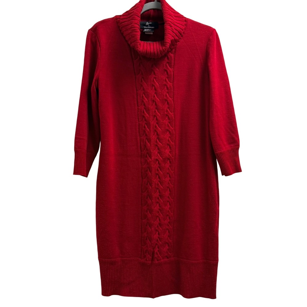 Lennie for Nina Leonard Red Cowl Neck Cable Knit Sweater Dress L20760SG Women M